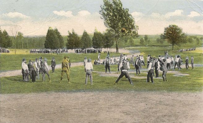 Recruits at Camp Lee exercising with a medicine ball