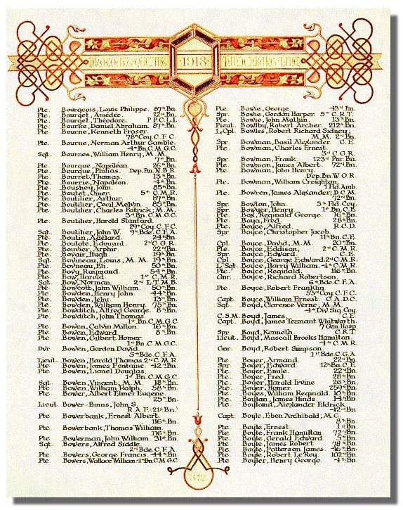 The Canadian Book of Remembrance showing the entry for Lieutenant Robert Archer Bowlby