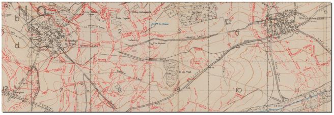 Trench map showning the location of Private Bowman's final action, the attack on Boiry-Notre-Dame