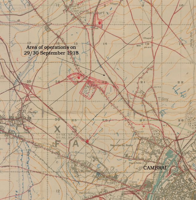 Cambrai and the area of operations for 42nd Battalion on 29/30 September 1918