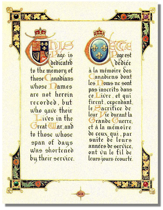 The Canadian First World War Book of Remembrance page dedicated to those not listed by name